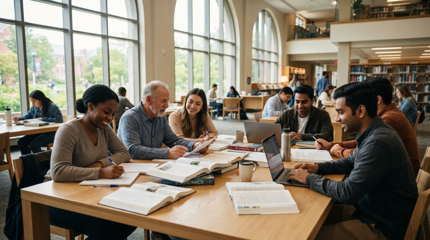 Diverse university students studying in an open academic commons